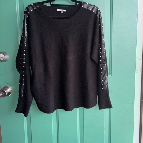 Sioni Sweaters - Sioni XL lightweight Black knit top faux-leather panels / metallic studs